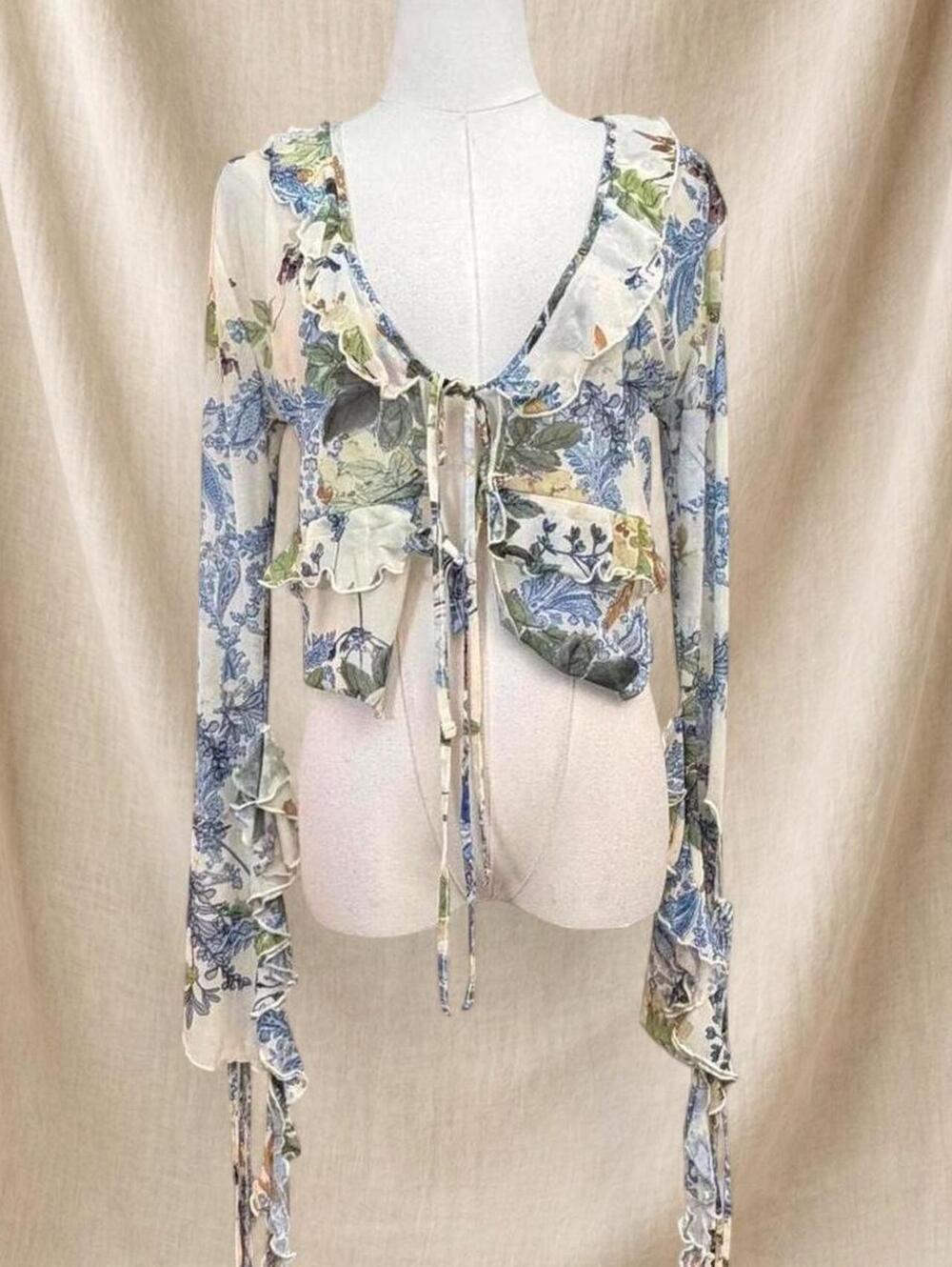Rita Ora x Primark blue & white floral blouse with ruffles and tie detail
